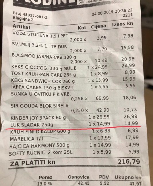 Račun iz Plodjna na Cresu s cijenom luka od 14,99 kuna za 250 grama