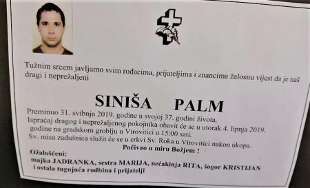 Osmrtnica za Sinišu Palma, pročelnika za financije u Virovitici