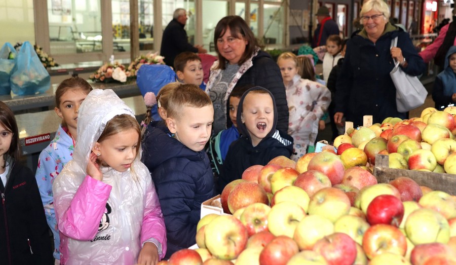 Mališani na gradskoj tržnici u Koprivnici na šandu s jabukama